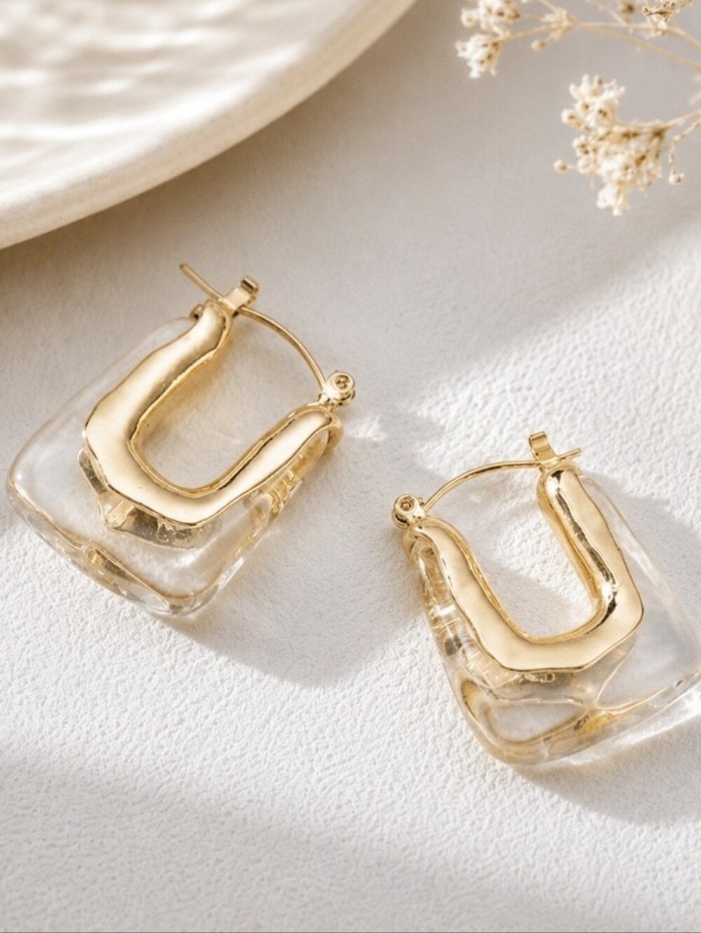 Gold and Clear Lucite Hoop Earrings